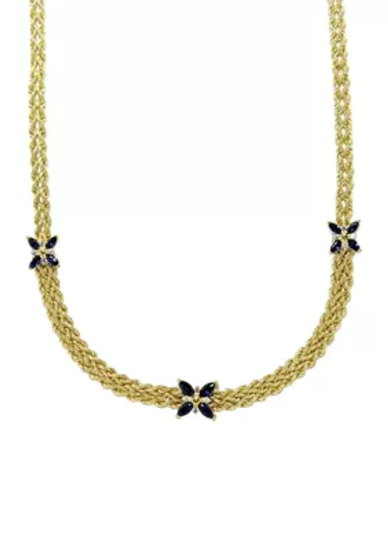 Created Sapphire and White Cubic Zirconia Gold Plated Necklace in Sterling Silver