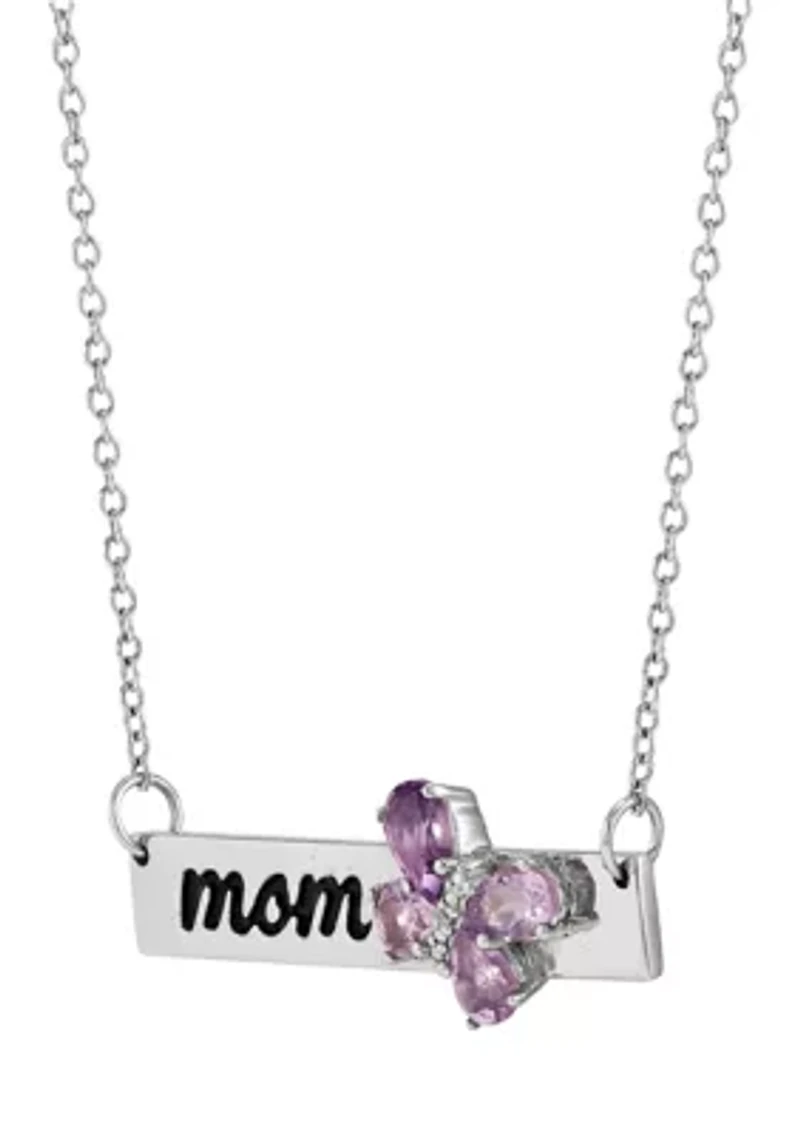 Diamond and Amethyst Butterfly on Bar Necklace in Sterling Silver