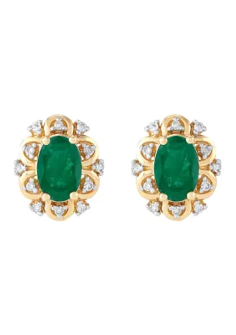 Emerald and Diamond Accent Stud Earrings in 10K Yellow Gold