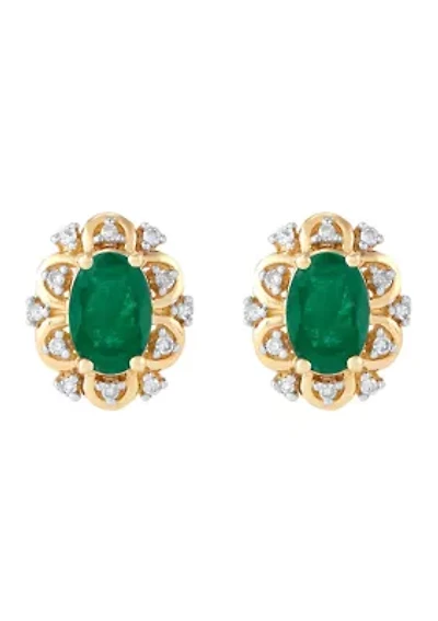 Emerald and Diamond Accent Stud Earrings in 10K Yellow Gold