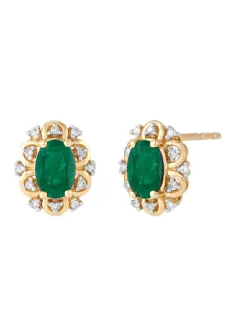 Emerald and Diamond Accent Stud Earrings in 10K Yellow Gold