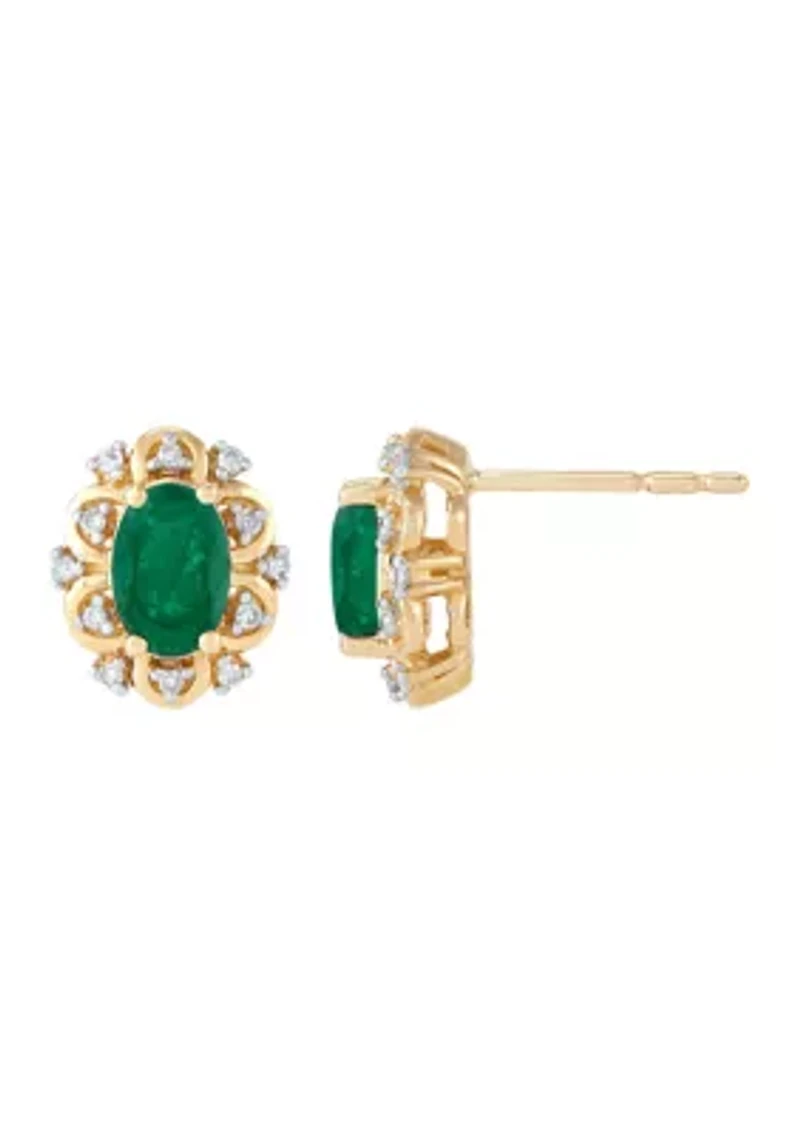 Emerald and Diamond Accent Stud Earrings in 10K Yellow Gold