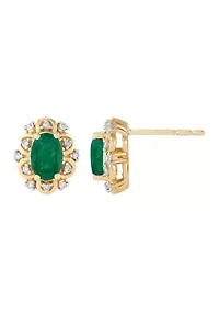 Emerald and Diamond Accent Stud Earrings in 10K Yellow Gold