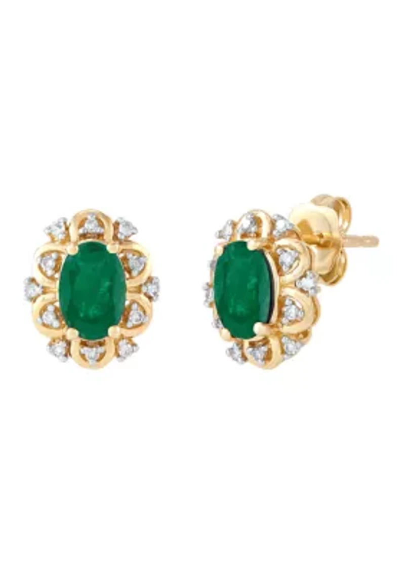 Emerald and Diamond Accent Stud Earrings in 10K Yellow Gold
