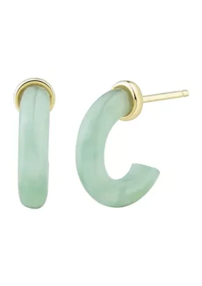 Natural Jade Hoop Earrings in 10K Yellow Gold