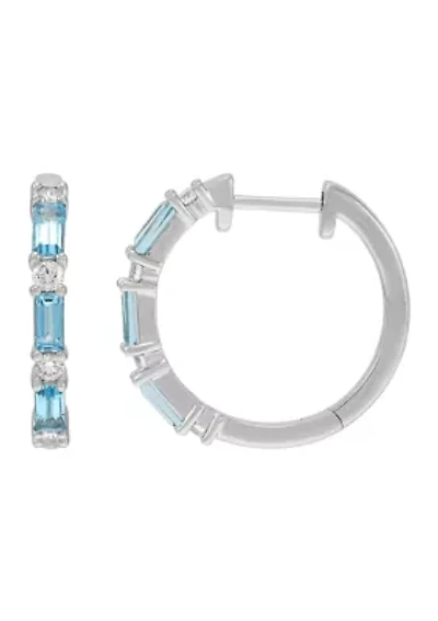 Diamond Accent and Swiss Blue Topaz Hoop Earrings in 14K White Gold