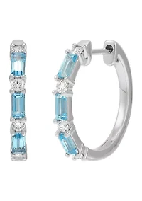 Diamond Accent and Swiss Blue Topaz Hoop Earrings in 14K White Gold