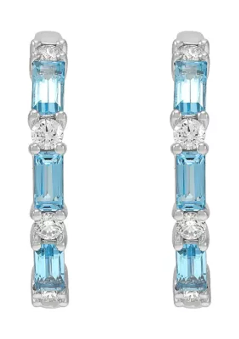 Diamond Accent and Swiss Blue Topaz Hoop Earrings in 14K White Gold