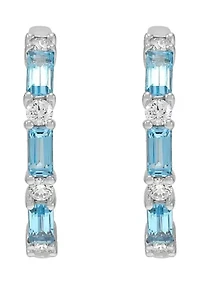 Diamond Accent and Swiss Blue Topaz Hoop Earrings in 14K White Gold