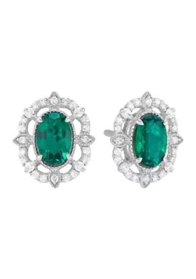 Diamond and Emerald Stud Earrings in 14K White Gold
