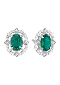 Diamond and Emerald Stud Earrings in 14K White Gold