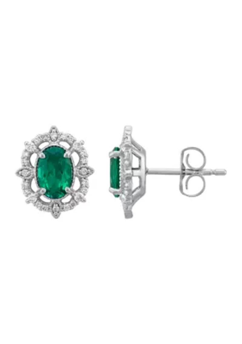 Diamond and Emerald Stud Earrings in 14K White Gold