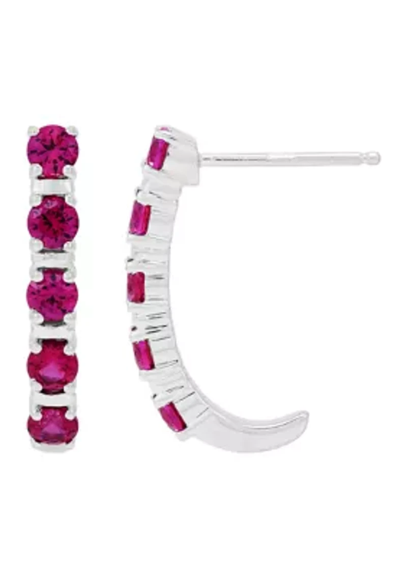Lab Created  Ruby Hoop Earrings in Sterling SIiver