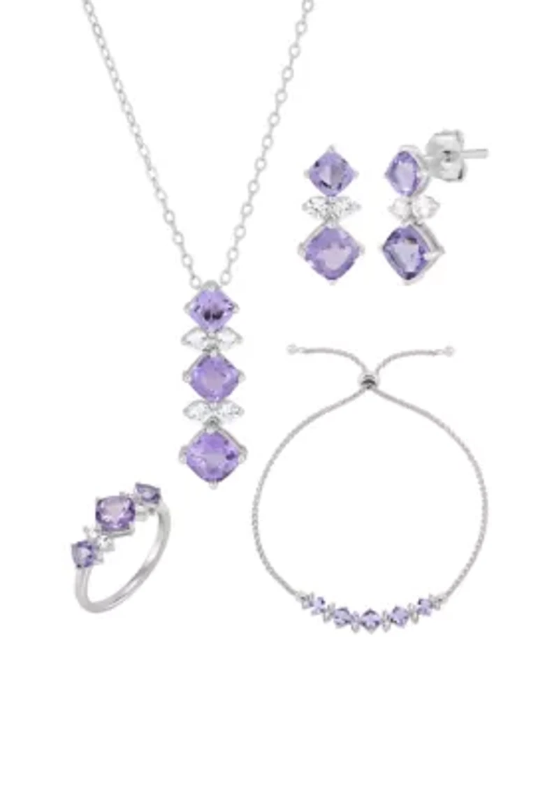 Lab Created Amethyst and Created White Sapphire Pendant with 18" Cable Chain and Earrings and Bracelet and Ring Set in Sterling Silver