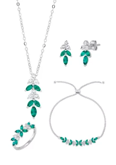 Lab Grown Emerald and White Sapphire Pendant Necklace, Earrings, Bracelet and Ring Set in Sterling Silver