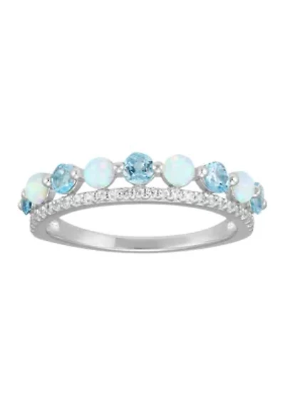 Swiss Blue Topaz and Opal and White Sapphire Ring in Sterling Silver