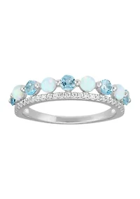 Swiss Blue Topaz and Opal and White Sapphire Ring in Sterling Silver