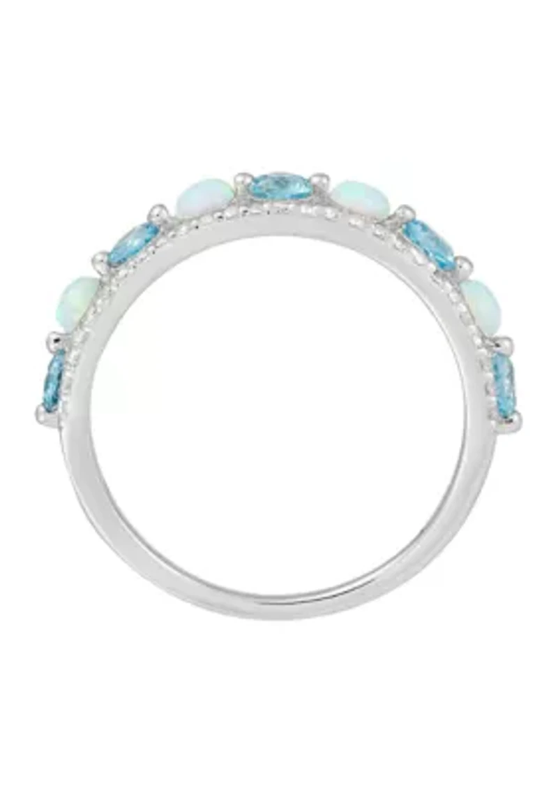 Swiss Blue Topaz and Opal and White Sapphire Ring in Sterling Silver