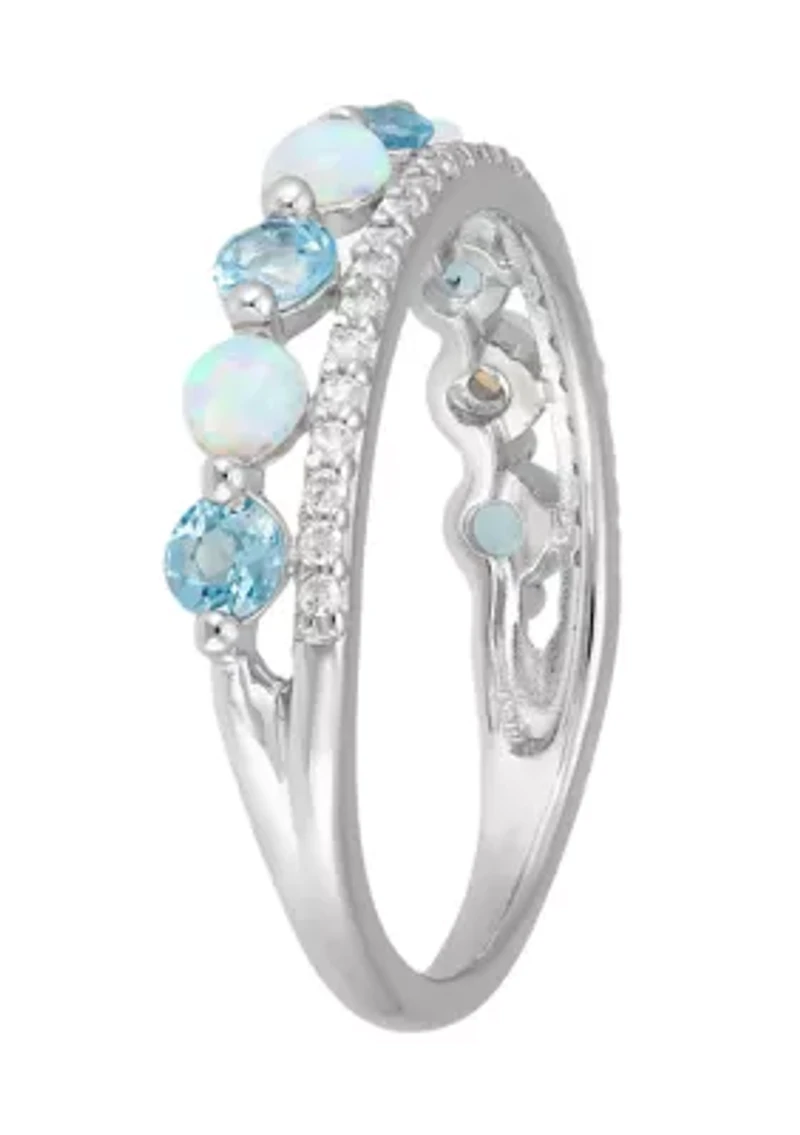 Swiss Blue Topaz and Opal and White Sapphire Ring in Sterling Silver
