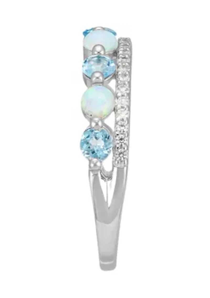 Swiss Blue Topaz and Opal and White Sapphire Ring in Sterling Silver