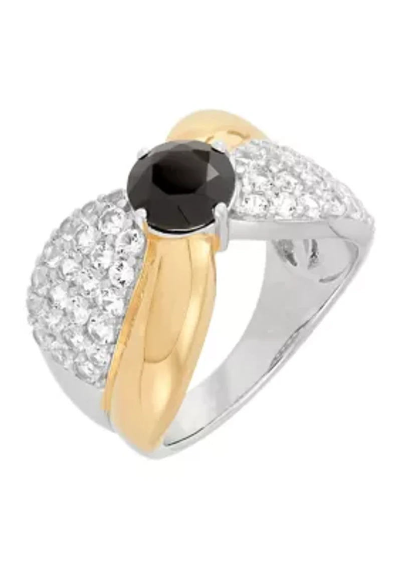 Onyx and Lab Grown White Sapphire Ring in Two Tone Metal