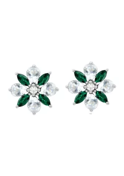 Lab Created Emerald and White Sapphire Flower Stud Earrings in Sterling Silver
