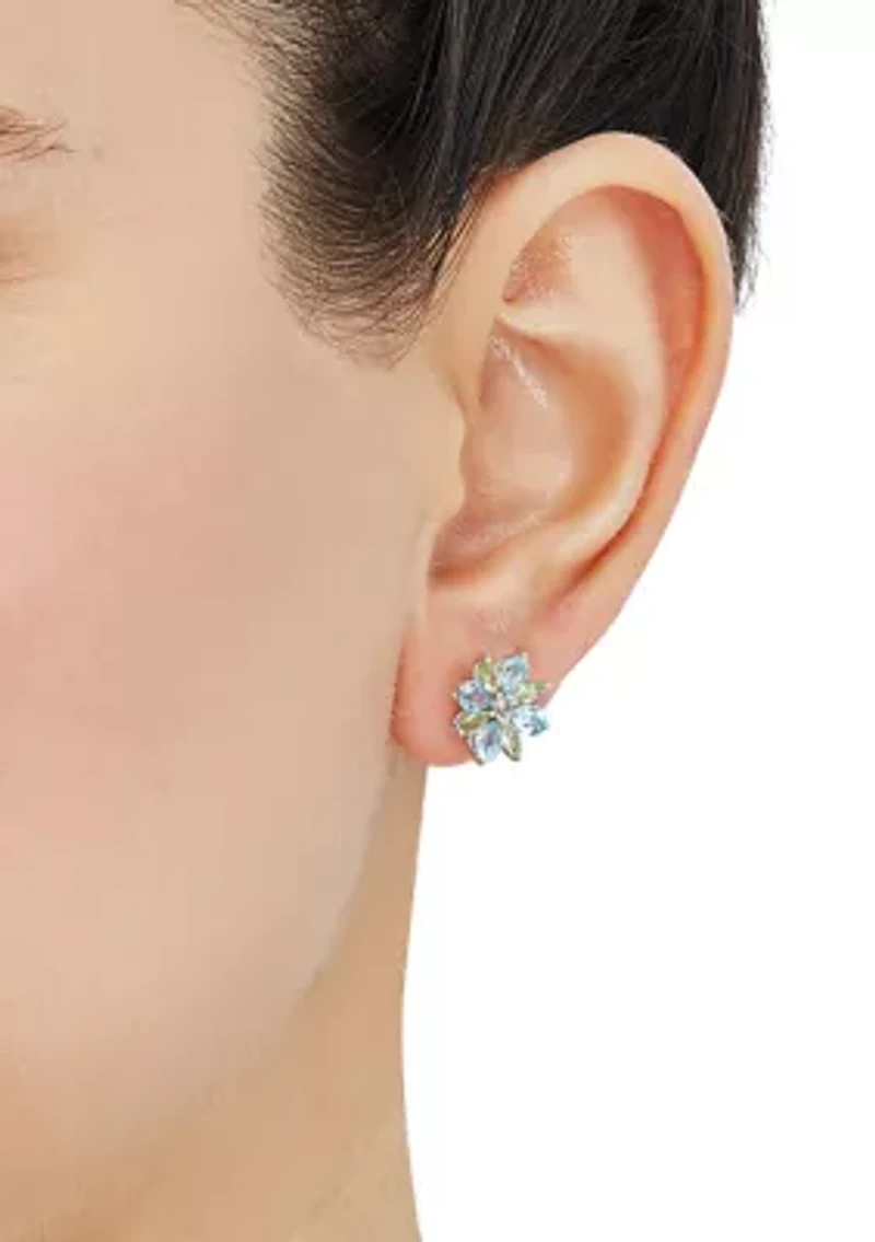 Swiss Blue Topaz, Peridot, and White Topaz Flower Earrings in Sterling Silver