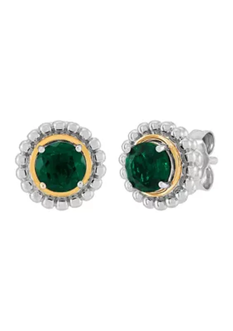 Lab Grown Emerald Stud Earrings in Silver and 14K Yellow Gold