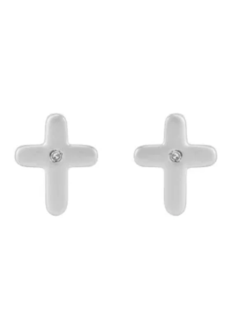 Diamond Accent Small Cross Kid Stud Earrings in Sterling Silver