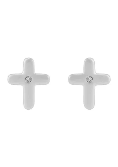 Diamond Accent Small Cross Kid Stud Earrings in Sterling Silver