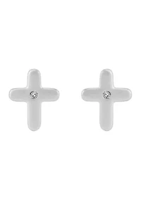 Diamond Accent Small Cross Kid Stud Earrings in Sterling Silver