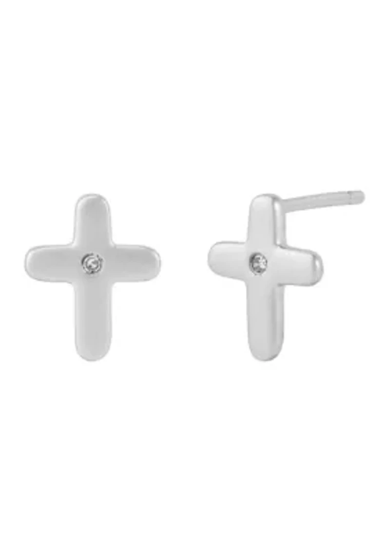 Diamond Accent Small Cross Kid Stud Earrings in Sterling Silver