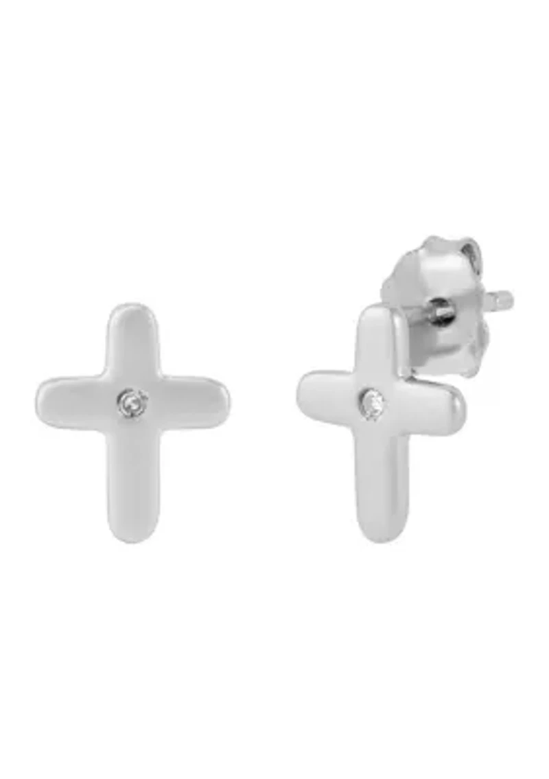 Diamond Accent Small Cross Kid Stud Earrings in Sterling Silver