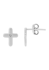 Diamond Accent Small Cross Kid Stud Earrings in Sterling Silver