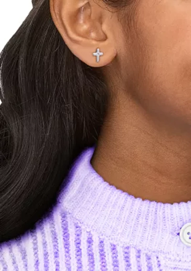 Diamond Accent Small Cross Kid Stud Earrings in Sterling Silver