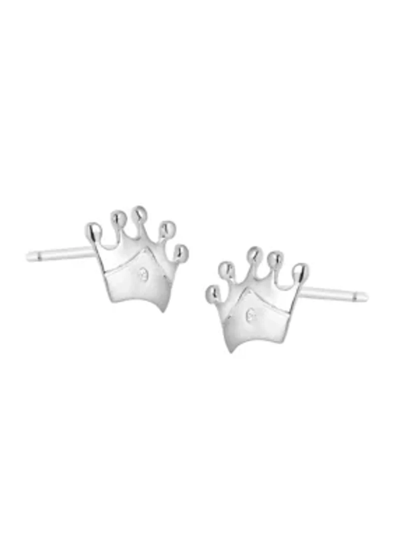 Girls Diamond Accent Crown Earrings in Sterling Silver