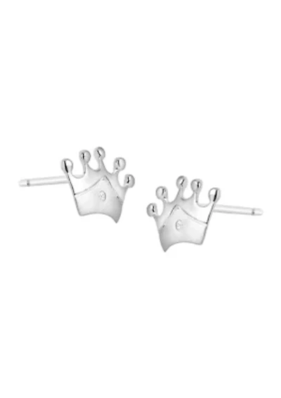 Girls Diamond Accent Crown Earrings in Sterling Silver