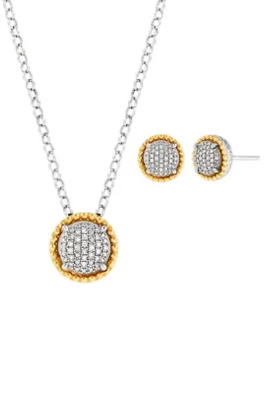 Diamond Pendant Necklace with 20" Rolo Chain and Stud Earrings Set in Sterling Silver and 14K Yellow Gold