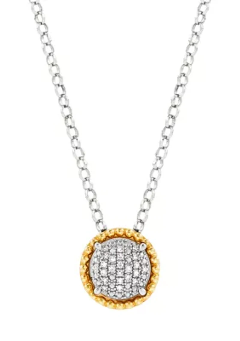 Diamond Pendant Necklace with 20" Rolo Chain and Stud Earrings Set in Sterling Silver and 14K Yellow Gold