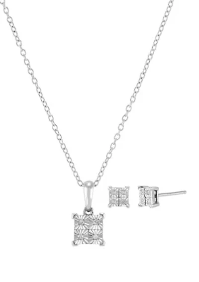 1/10 ct. t.w. Diamond Pendant with 18" Cable Chain and Stud Earrings Set in Sterling Silver 