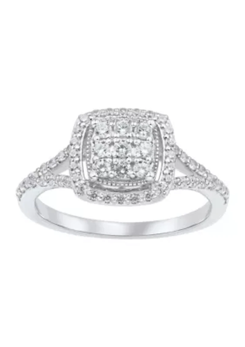 1/2 ct. t.w. Lab Grown Diamond Halo Ring in Sterling Silver