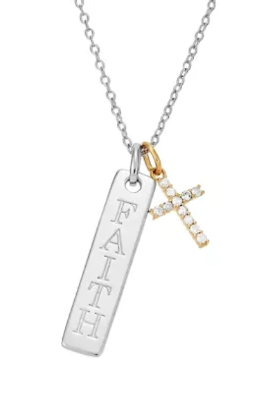 Accent Diamond Faith Drop Heart Pendant in Sterling Silver + 10K Yellow Gold