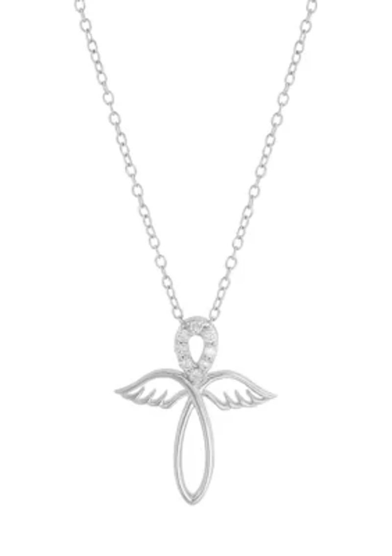  1/10 ct. t.w. Lab Grown Diamond Cross Wings Pendant with 18" Cable Chain in Sterling Silver