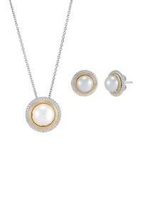 Pearl Stud Earrings and Pendant Necklace with 20" Forzanite Chain Set in Sterling Silver and 14K Yellow Gold