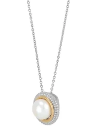 Pearl Stud Earrings and Pendant Necklace with 20" Forzanite Chain Set in Sterling Silver and 14K Yellow Gold