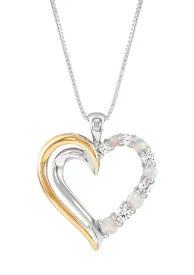 Lab Created Created Opal and Created White Sapphire Heart Pendant with 18" Box Chain Sterling Silver and 10K Yellow Gold