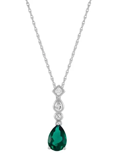 Lab Grown Emerald and and Grown White Sapphire Pendant with 18" Rope Chain in Sterling Silver