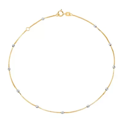 14K Yellow and White Gold Beaded Tincup On Box Chain Anklet