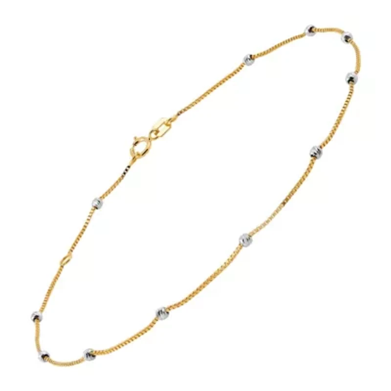 14K Yellow and White Gold Beaded Tincup On Box Chain Anklet