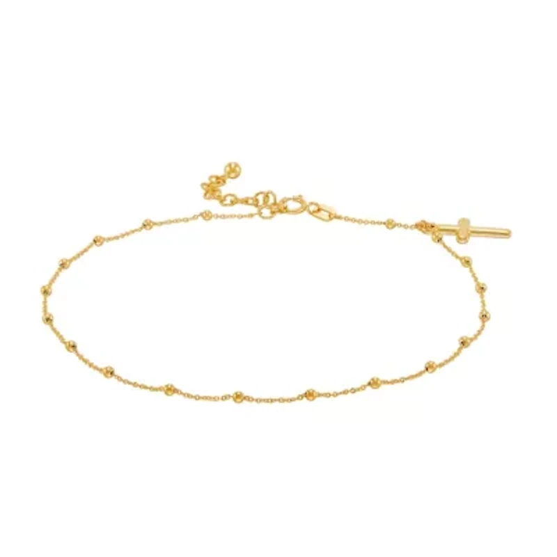 14K Yellow Gold Beaded Tincup With Dangle Cross Anklet
